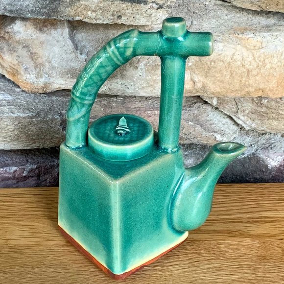 VTG Asian Teapot Ceramic Bamboo Tea Pot